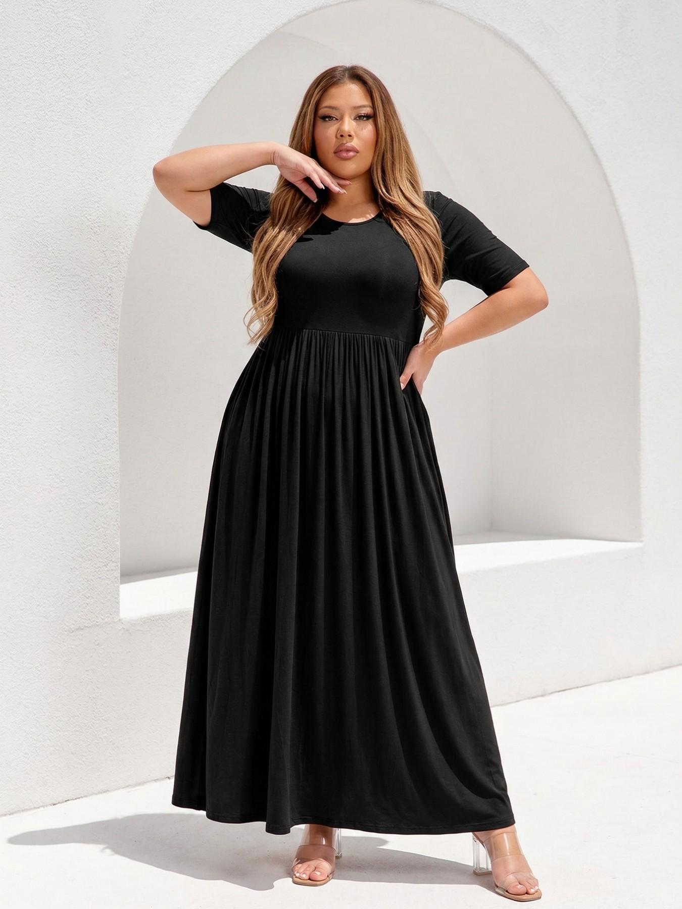 Plus Size Solid Black Maxi Dress | Short Sleeve High Waist Pleated Loose Casual Long Dresses