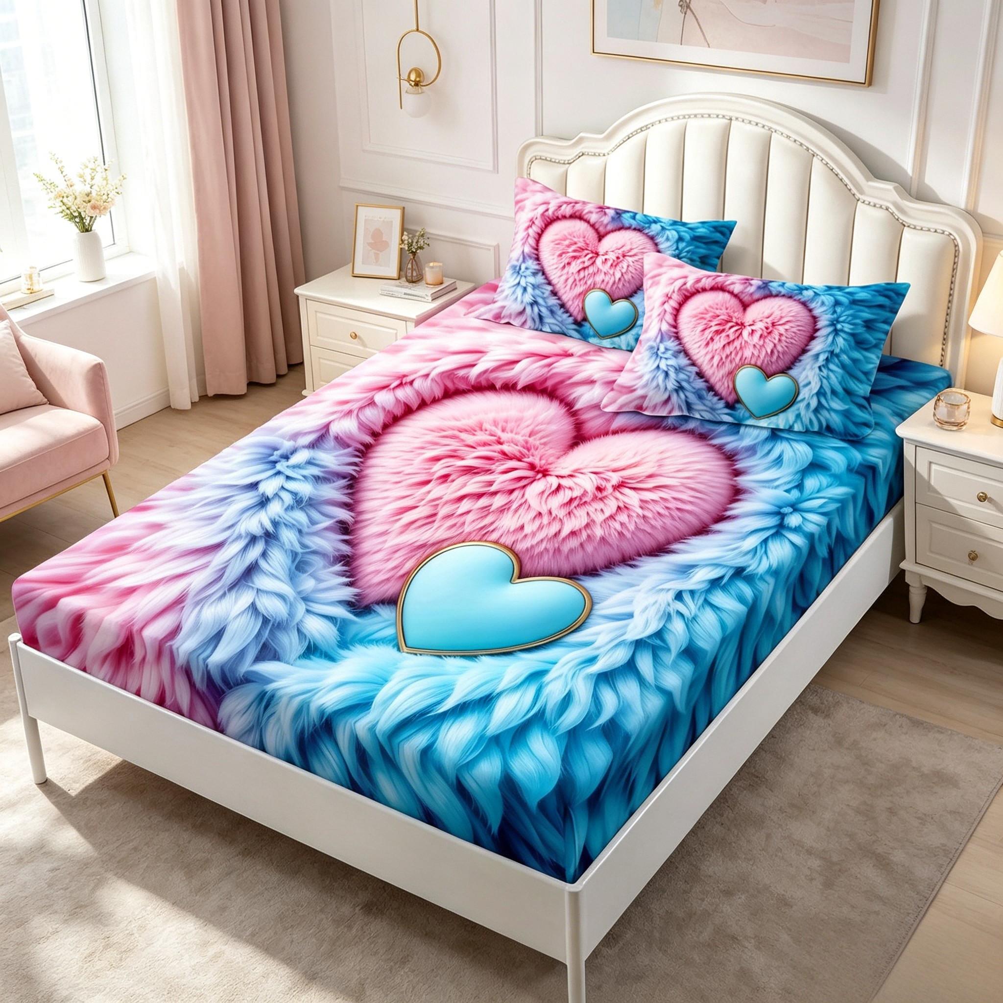 3D Plush Heart Bed Skirt, Full Coverage Non-Slip Mattress Protector, Soft Skin-Friendly All-Season Bed Cover, Student Dorm Home Use