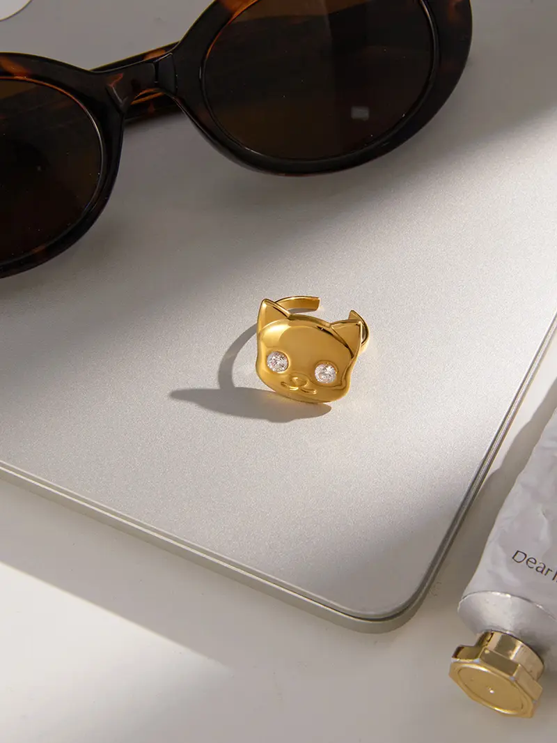 Classic 18K Plated Gold Color Cat Dog Shape Adjustable Open Ring Elegant Fashion Rings With White Zircon Stainless Steel Rings Jewelry