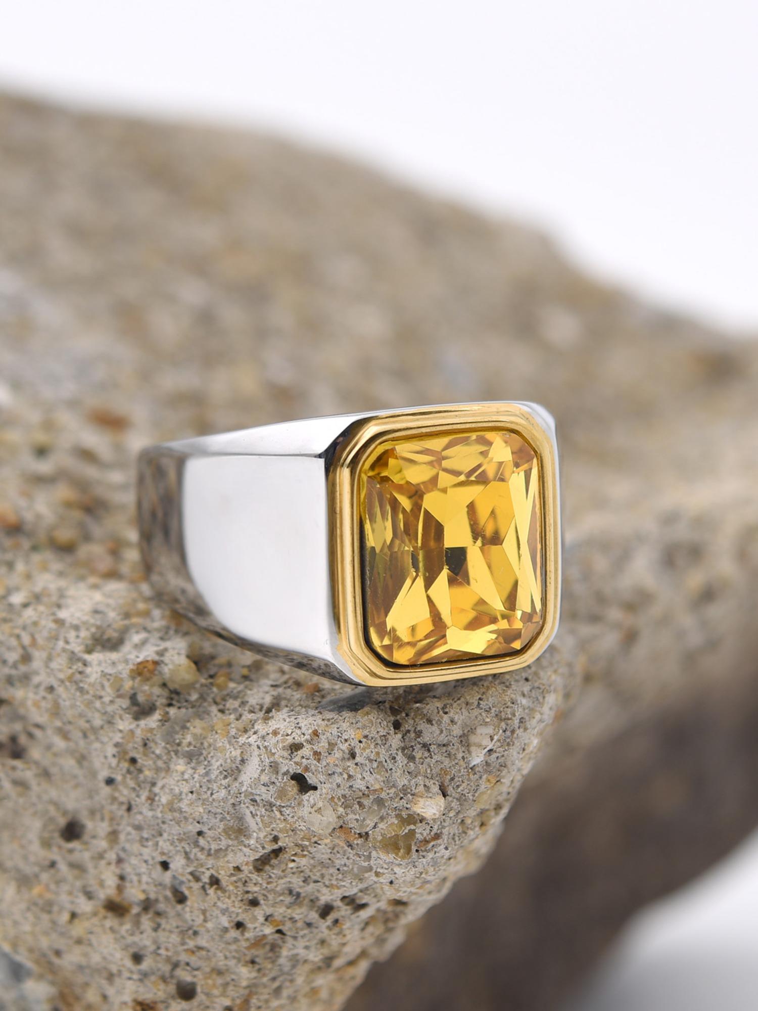 Luxury Male Ring Multi-Color Gemstone 316L Steel High Quality 18k Gold Plated Business Wedding Statement Ring Two-Tone Design