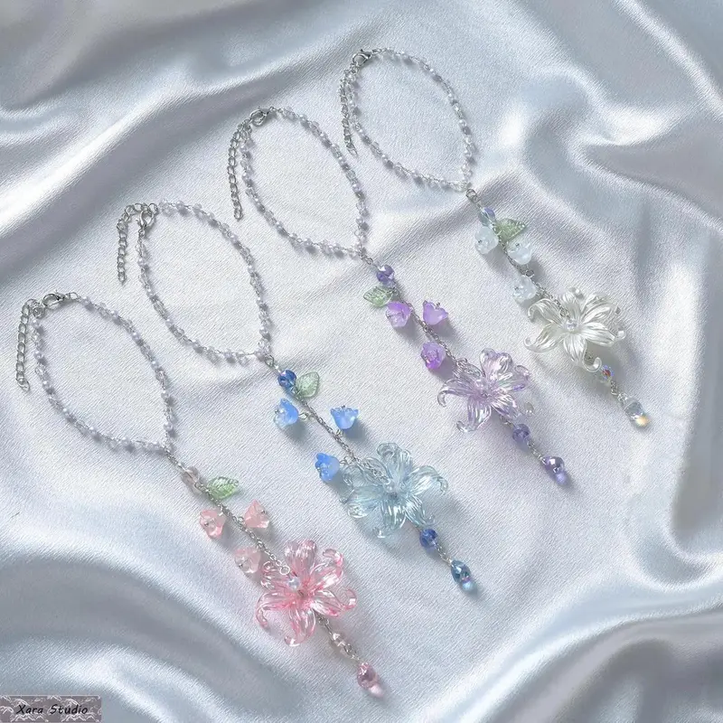 Lily of the Valley Crystal Suncatcher Car Hanging Decor - Handmade Resin Bead Lotus Flower Rearview Mirror Charm, Boho Bling Cute Cool Auto Accessories, Automotive Decoration Lucky Gift for Women