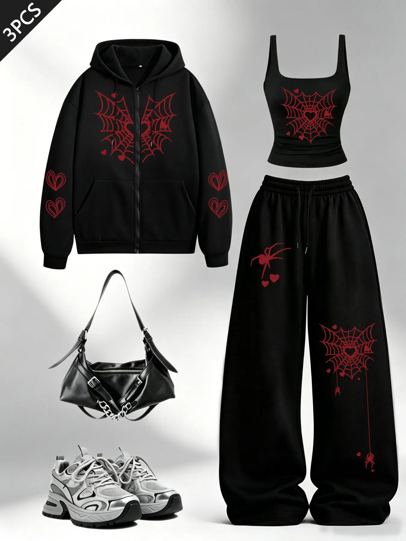 Women's Halloween Spider Print 3-Piece Set, Gothic Punk Y2K Style, Casual Loose-Fit Hoodie, Tank Top, Wide-Leg Pants, All Seasons, Outfit