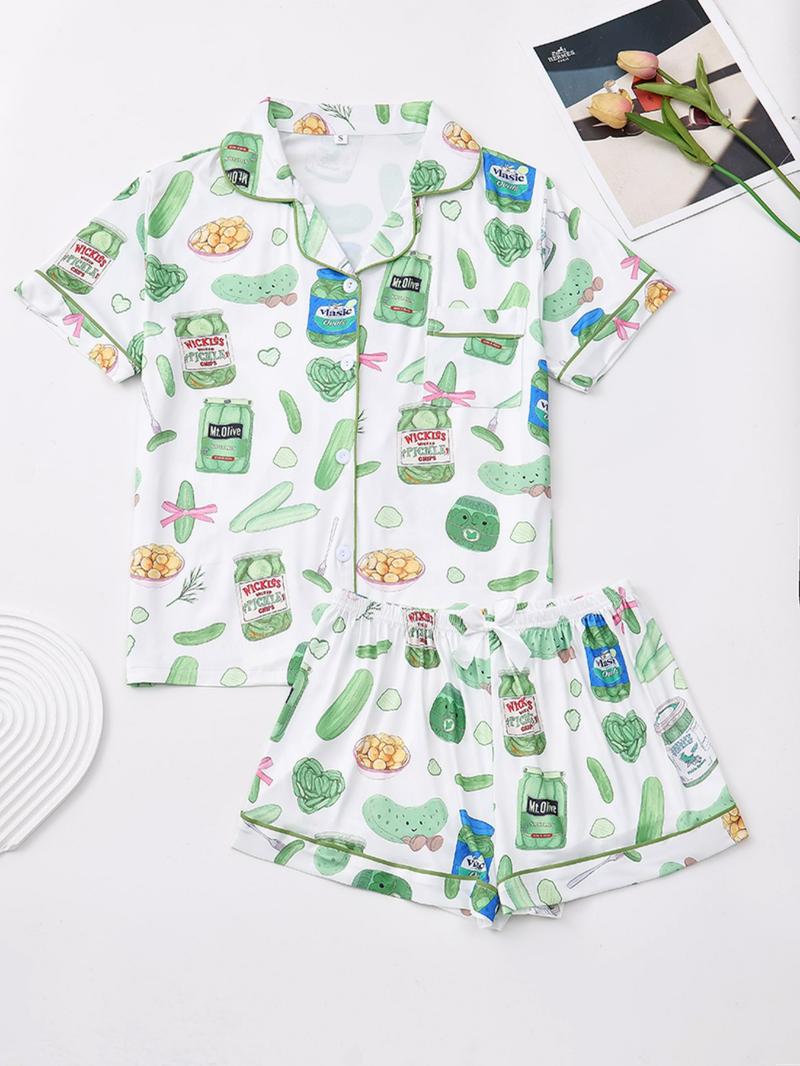 Valentine's Day Bowknot Heart Print Pajama Set, Soft Silk Striped Butterfly Knot Short Sleeve Sleepwear, Women's Comfortable Nightwear