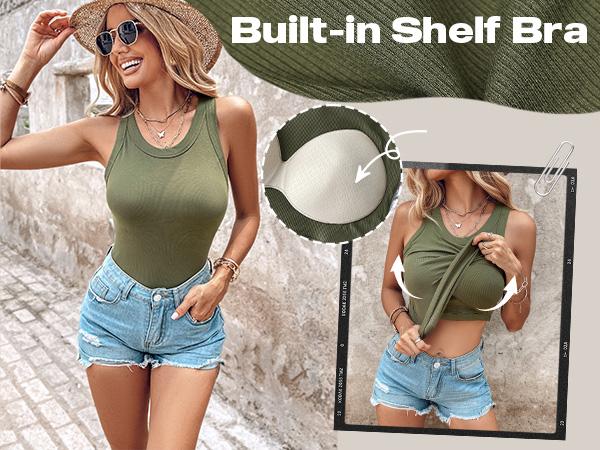 Built-in Bra Tank Top Ribbed Racerback Tops Women Going Out Tops Everyday Basic Tanks Padded Tops
