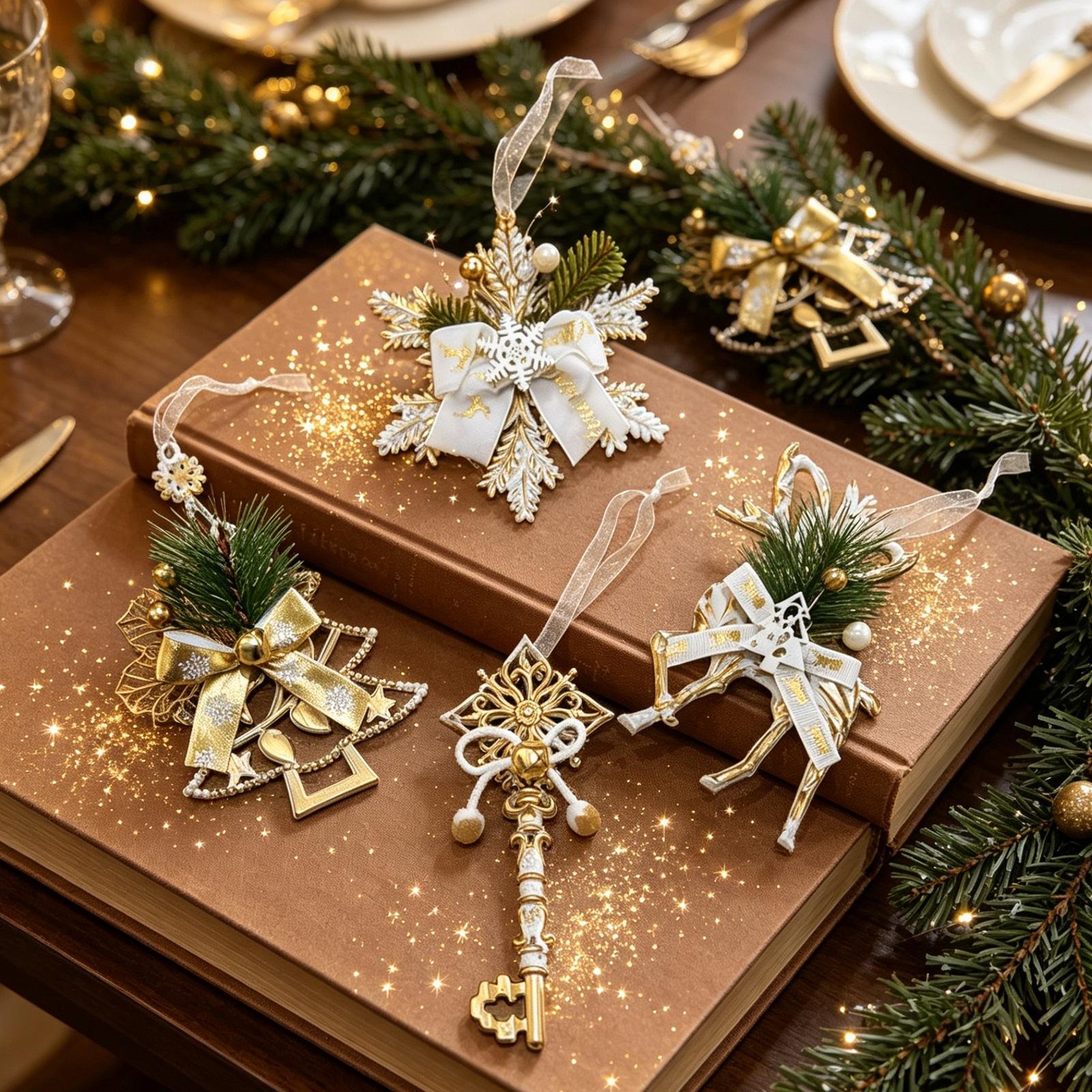1Pc Christmas Ornaments, White & Gold Vintage Plastic Hanging Decorations, Snowflake Reindeer Key Christmas Tree Pendants, Suitable for Christmas Tree Decor, Holiday Decor, Window & Home Festival Atmosphere Decor