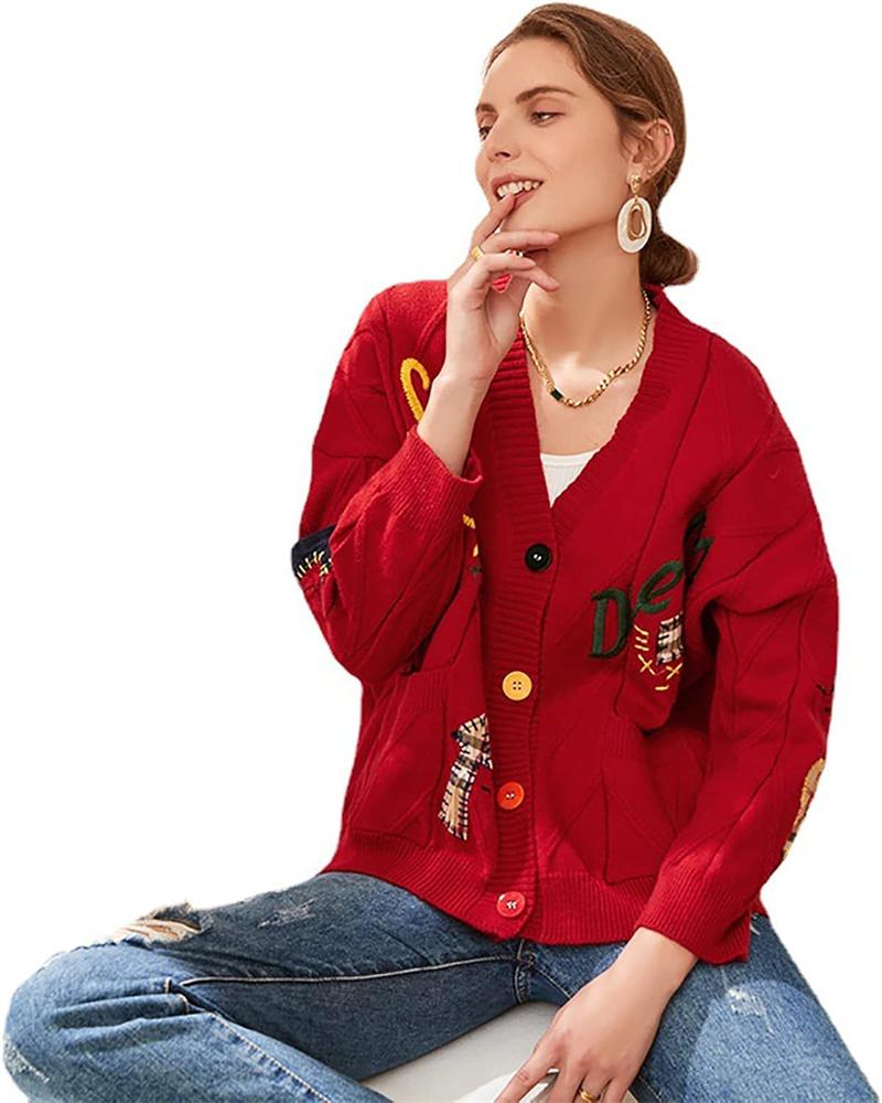 utcovo Women's Cable Knit Long Sleeve Open Front Cardigan Sheep V-Neck Button Down Embroidery Wool Blend Sweater Coat Outwear SpringStatements