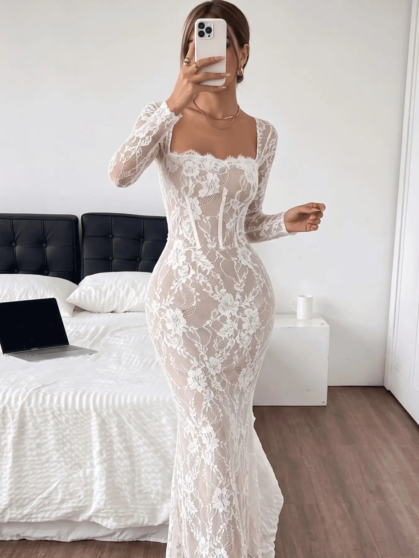 Romantic Lace Square Neck Long Sleeve Bodycon Dress, Floral Sheer Fitted Gown, Perfect for Weddings and Date Nights