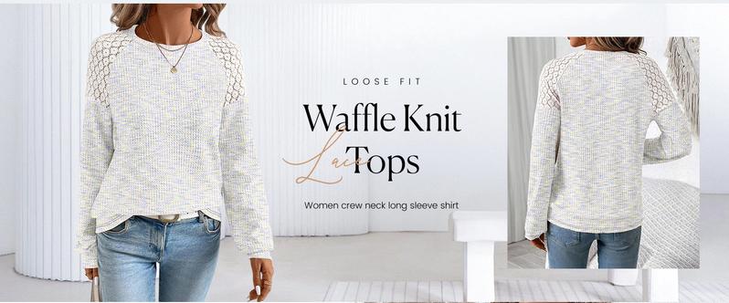 Shewin 2026 Cozy Cottagecore Knit Sweatshirt Waffle Lace Trim Crewneck Long Sleeve Loose Fit Pullover for Daily Casual Chic Feminine Outfits - Clothes