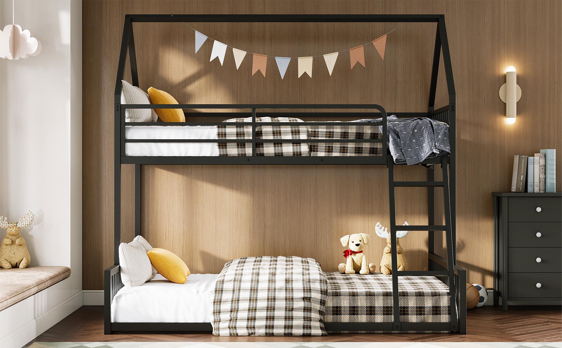 LIKIMIO Bunk Bed Twin XL Over Twin XL, Metal Bunk Bed Frame with Ladder and Guardrail, House Shaped with Metal Slats for Dormitory and Bedroom, Space Saving, No Box Spring Needed