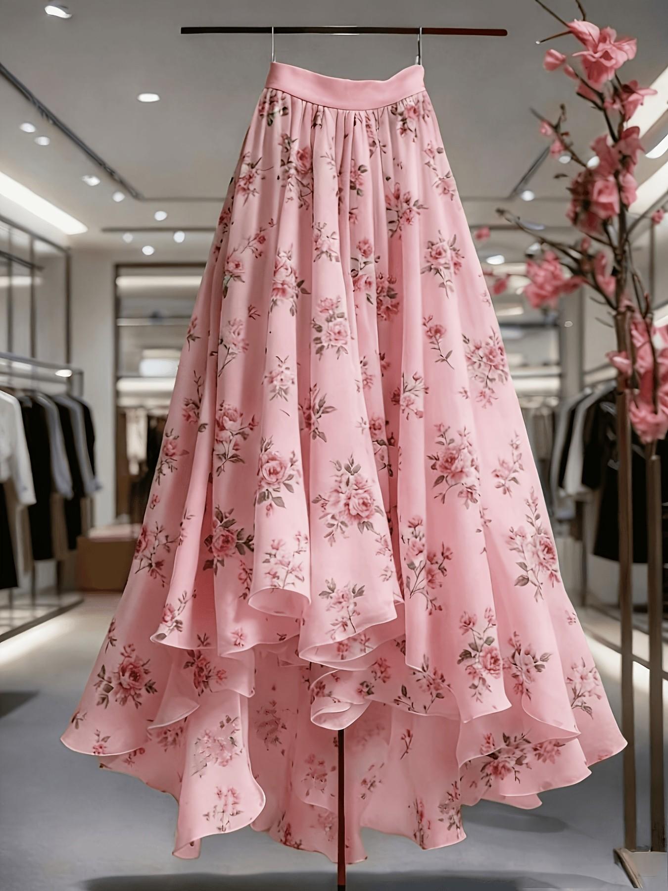 Elegant New Women's Midi Skirt, Lace Mesh Floral Print Skirt, Flowy Skirt, Loose Skirt, Vacation Casual Office Skirt, Four-Season Wear, Clothes, Elegance