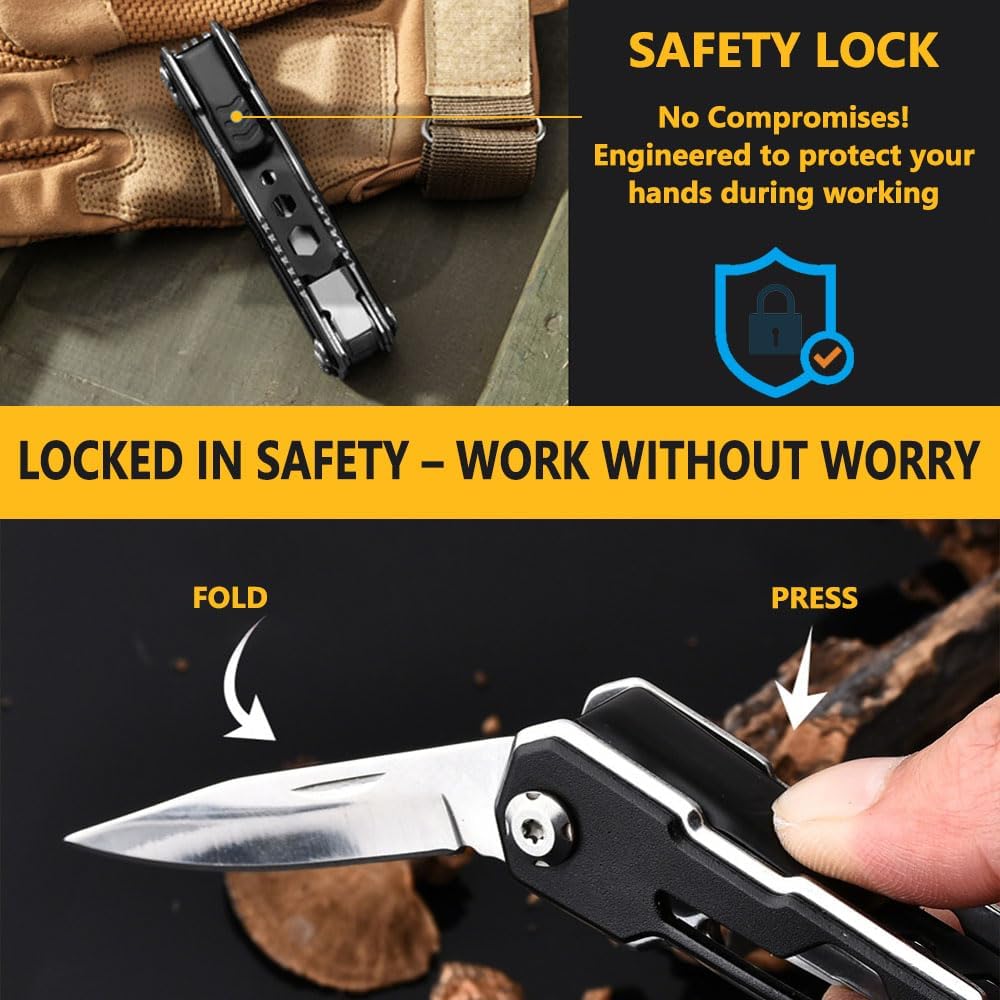 EDC Upgraded 17-in-1 Multitool with Pliers  & 15+ Tools Professional-Grade Stainless Steel Camping/ Gear | Safety Lock Non-Slip Grip Compact Oxford Pouch DIY// Repair