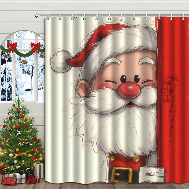 Elegant Christmas Santa Claus Shower Curtain with Hooks, High-End Festive Holiday Home Bathroom Decor Accent