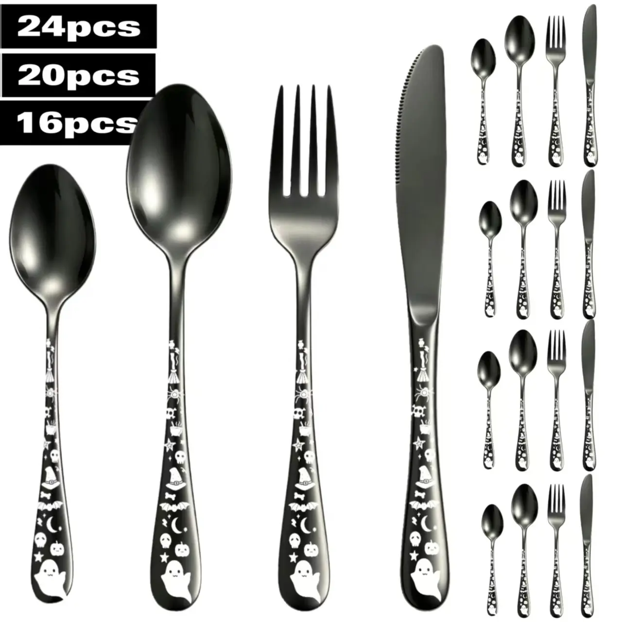 Halloween Cutlery Set, 24/20/16 Pieces, Gothic Design, Stainless Steel, Dishwasher Safe, for 4/5/6 People, Home Kitchen Use, Tableware