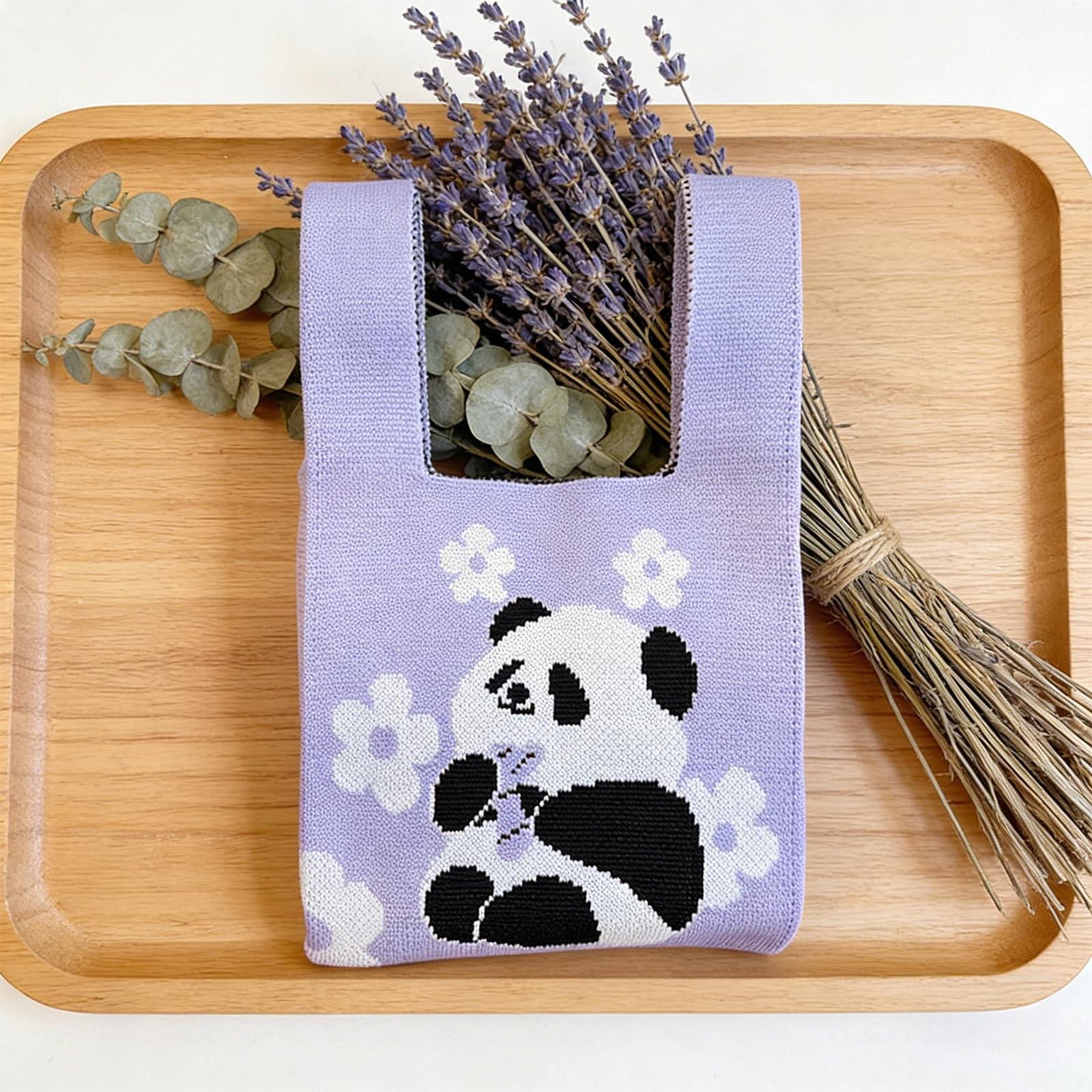 Cute Panda Pattern Handbag, Durable and Fashionable Knit Bag, Suitable for Women, Beach Bag, Makeup Bag, Crochet Bag