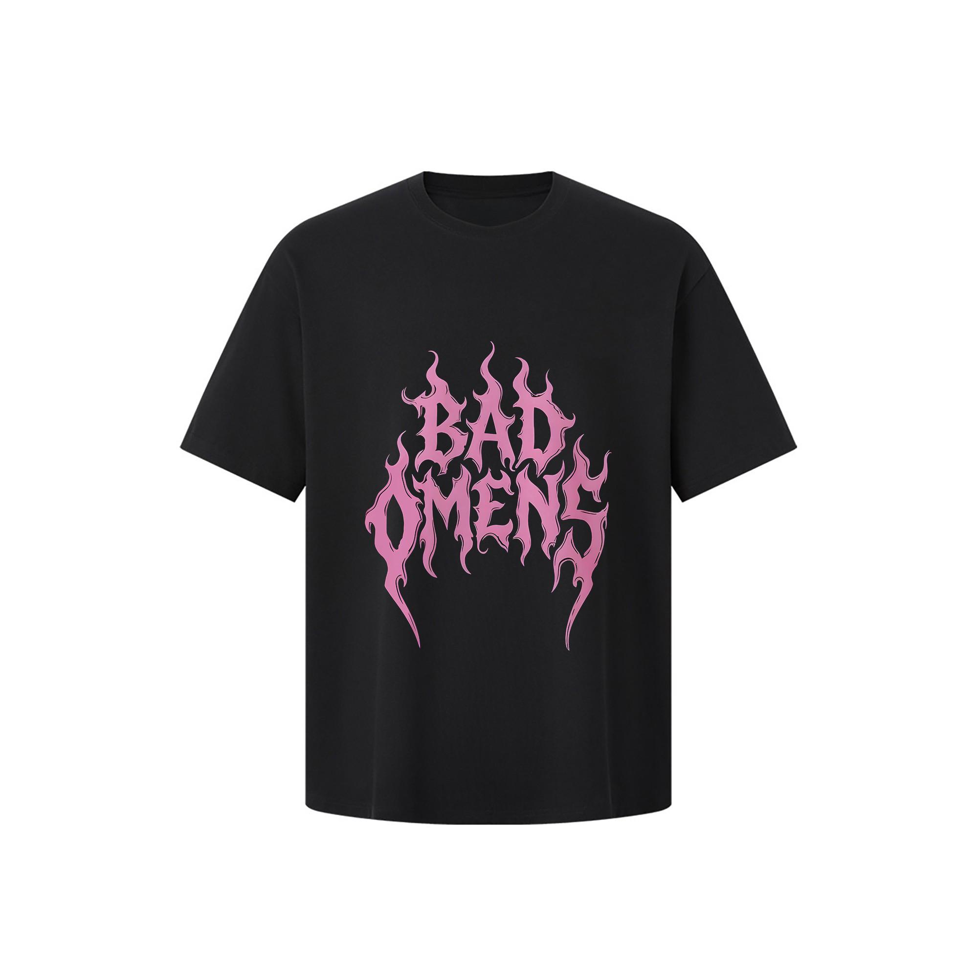 Bad Omens Pink Flame Gothic Font Metalcore Band Vibe Novelty Gift for Teen Girls Women Heavy Metal Rock Music Fan Alt Emo Scene Aesthetic Pastel Goth Edgy Grunge Style original oversized cotton graphic tee cutting ideas T-shirt for men apparel