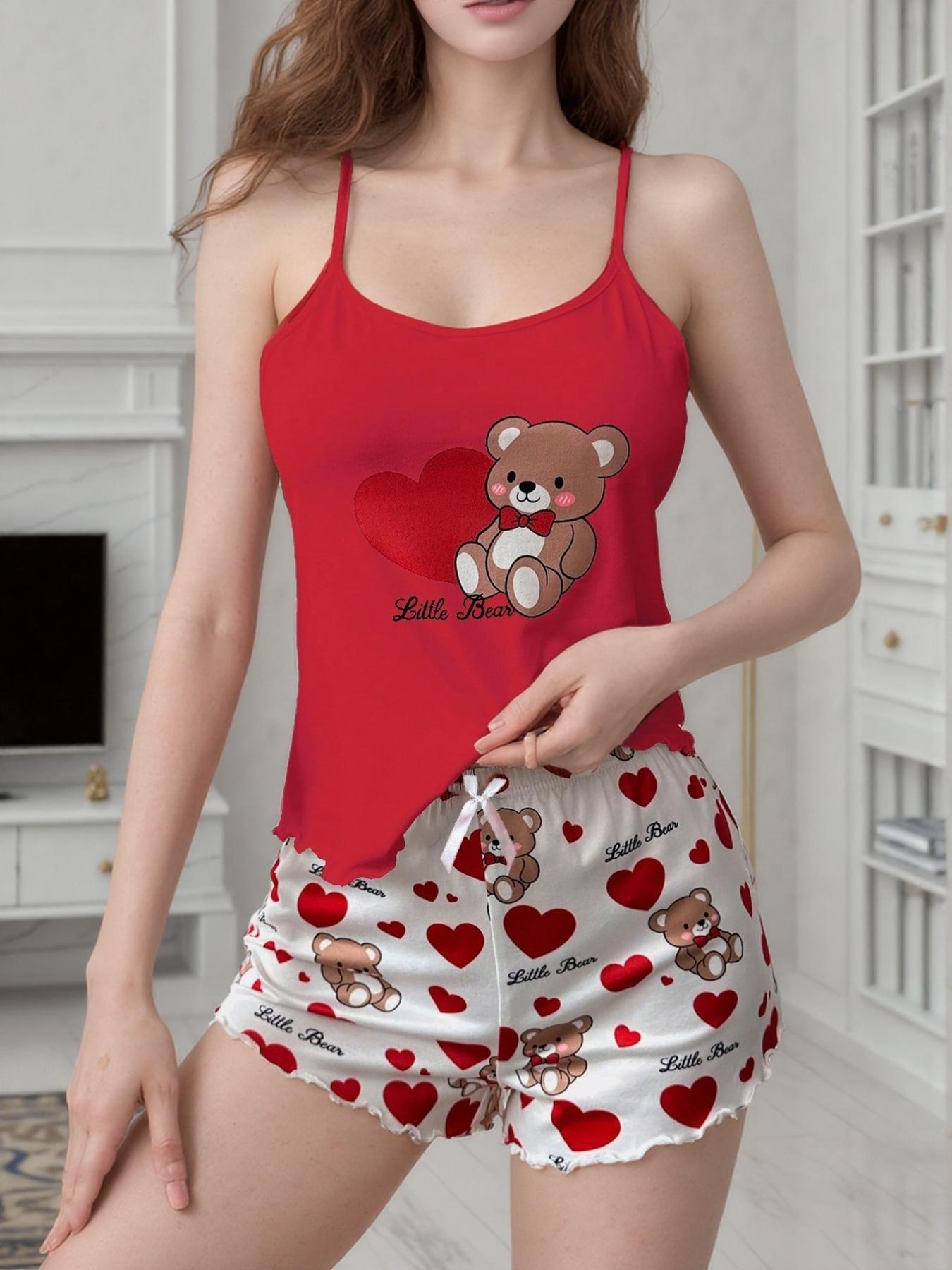 Women's Sexy Sleepwear Set, Heart Bear Cami + Heart Shorts, Soft and Comfortable Lounge Wear, Casual Home