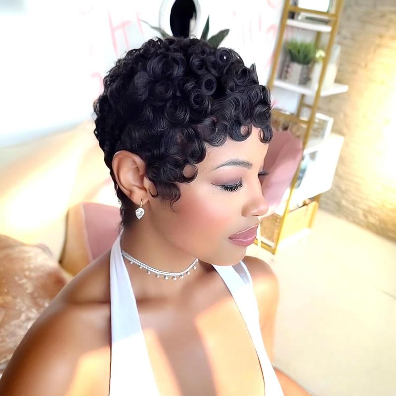 Short Curly Human Hair Wig Pixie Cut Wigs for Black Women Short Layered Curly Pixie Cut Wigs With Bangs Natural Black Color for Daily Use Glueless Full Machine Made Wig