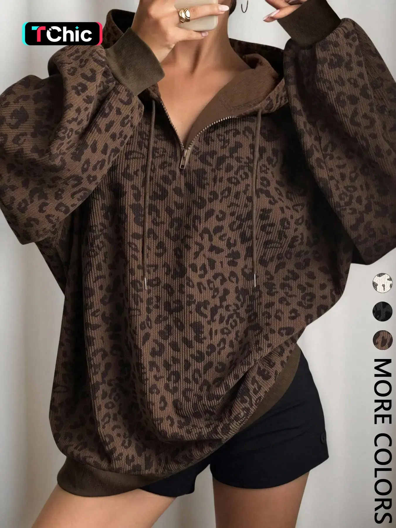 Women's Leopard Print Half Zip Hoodie Oversized Silhouette Drop Shoulder Long Sleeves Ribbed Trim Detail Drawstring Hood Trendy Streetwear Style Perfect for Daily Wear Casual Outings
