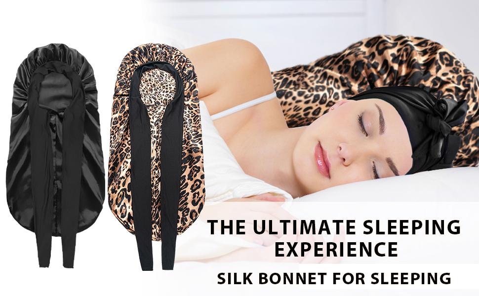 【Spring Glow-Up】Women's Satin Braid Bonnet - 2 Count Large Long Silk Sleep Cap with Stretchy Tie Band for Braid Multifunctional Elastic Heatless (Black&Leopard Print)