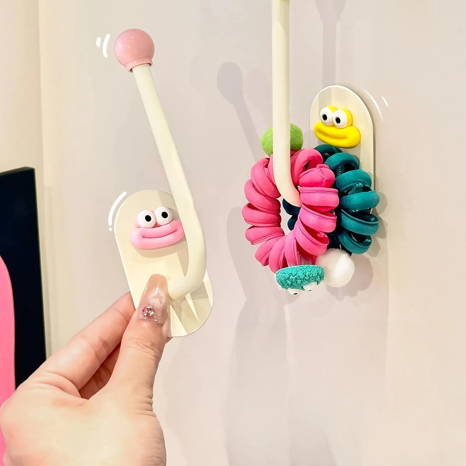 1pc Adjustable Wall-Mounted ABS Hook with Cute Cartoon Face - No-Drill Adhesive Home Organizer for Headbands, Scrunchies - Durable Plastic Storage Rack for Bedroom