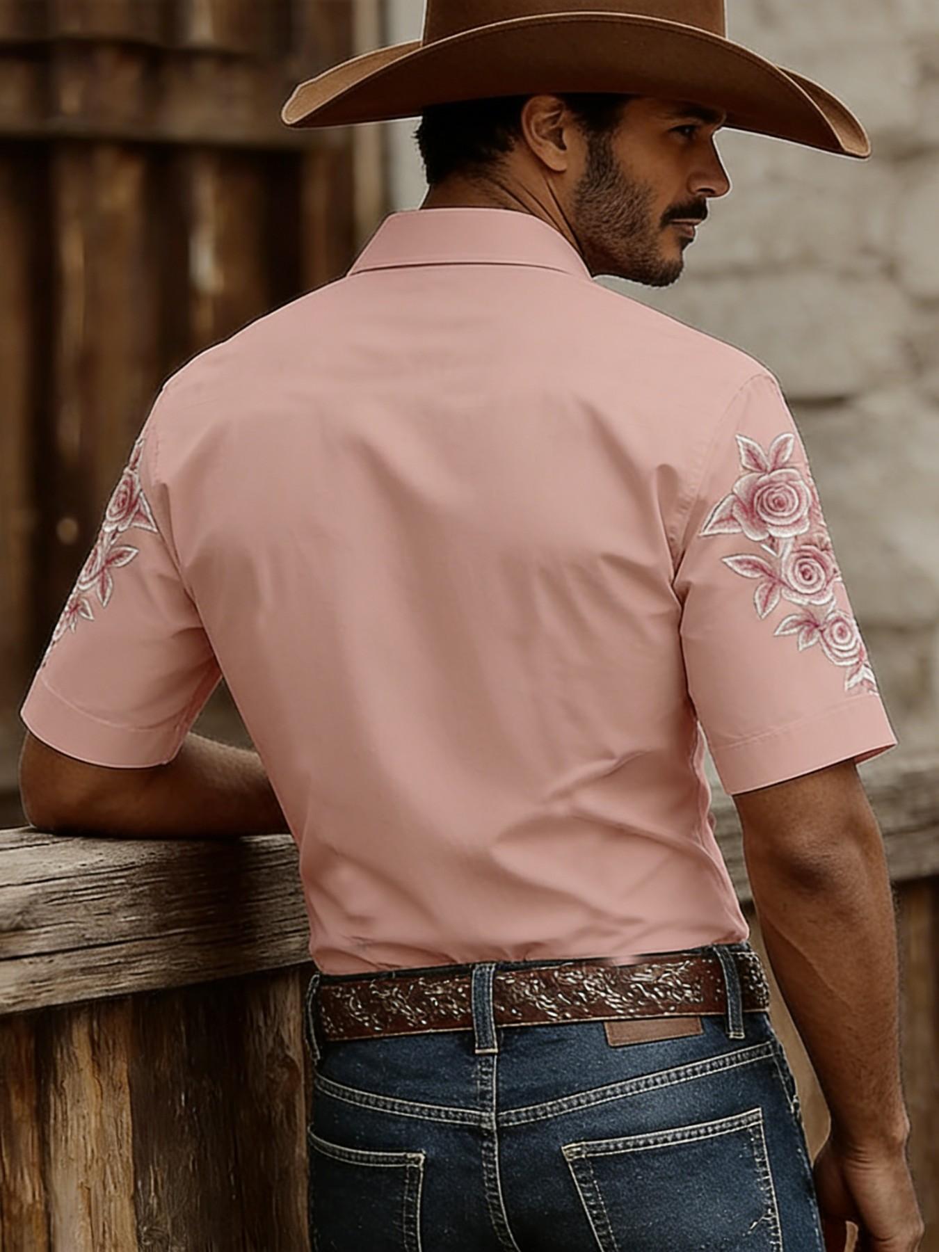Men's Western Cowboy Style Rose Print Short Sleeve Shirt, Summer Casual Versatile Top, American Vintage Fashion