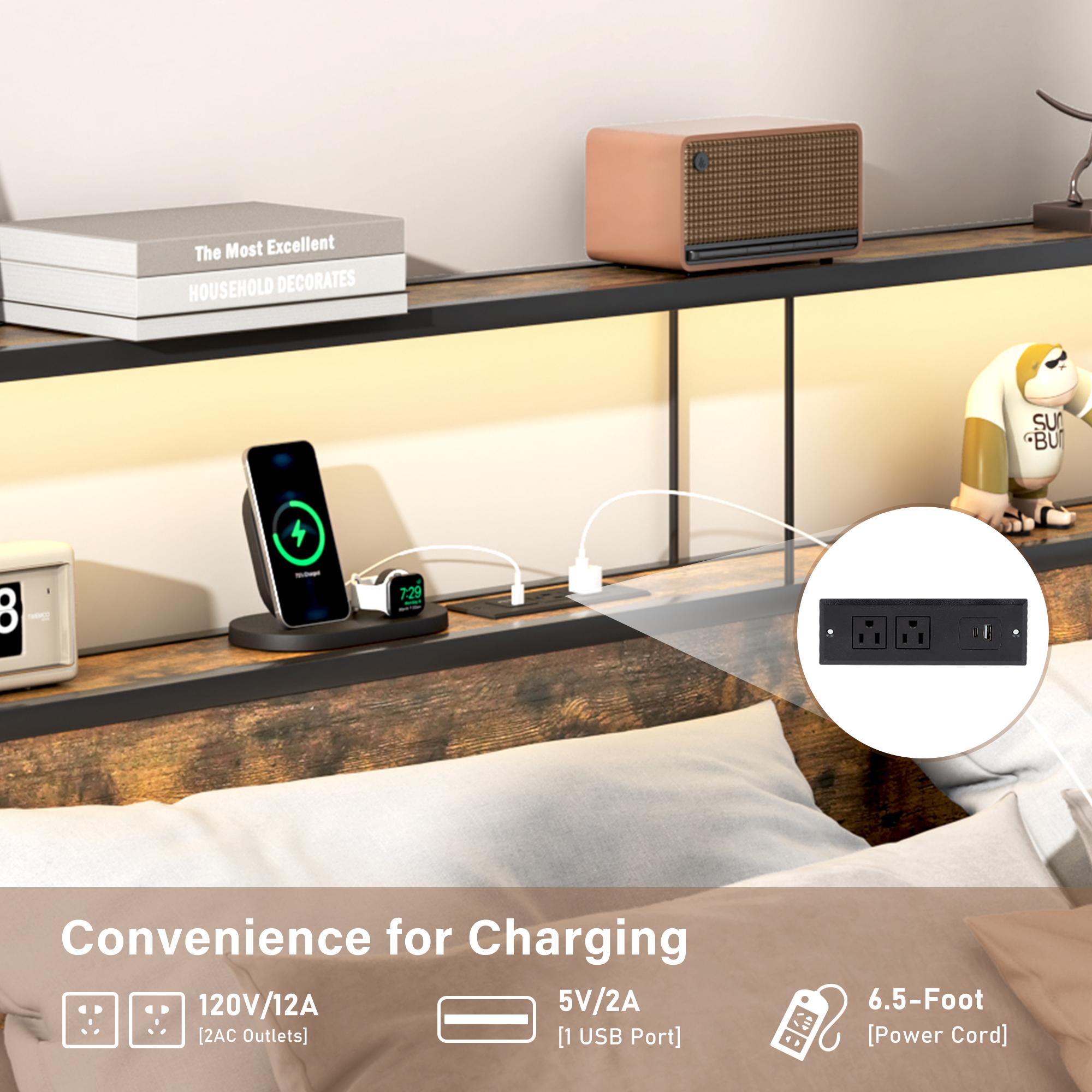 Full/Queen/King Bed Frame with Storage Drawers - Led Lights and Charging Station Metal Bed Frame with Headboard, No Box Spring Platform Bed Frame Wood, Vintage Brown/Brown/Rustic Brown