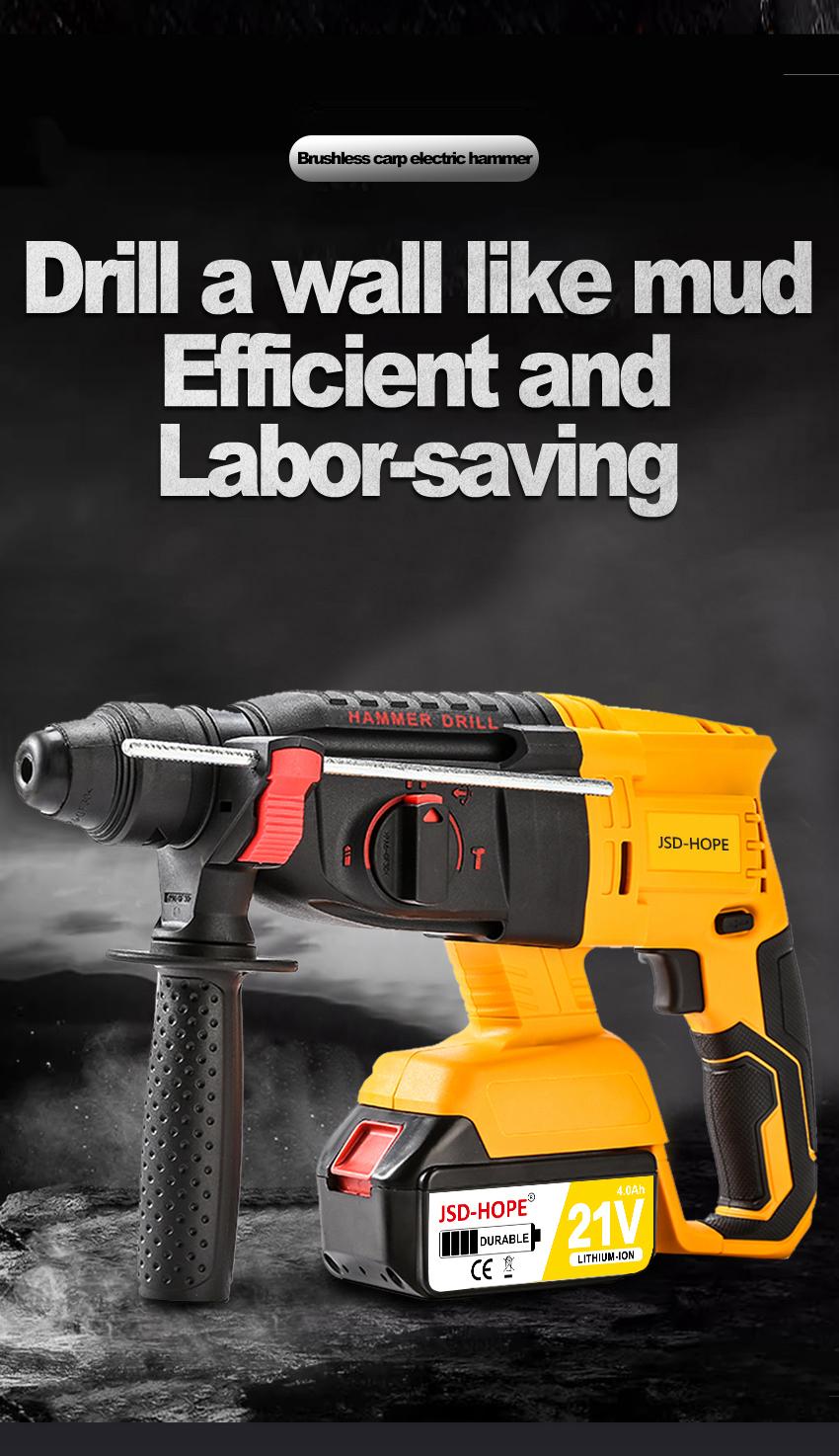 21V Electric Hammer Drill with 6/8/10/12 Chisel Bit, 360°C Swiveling Front Handle, Electric Hammer for Concrete Breaking