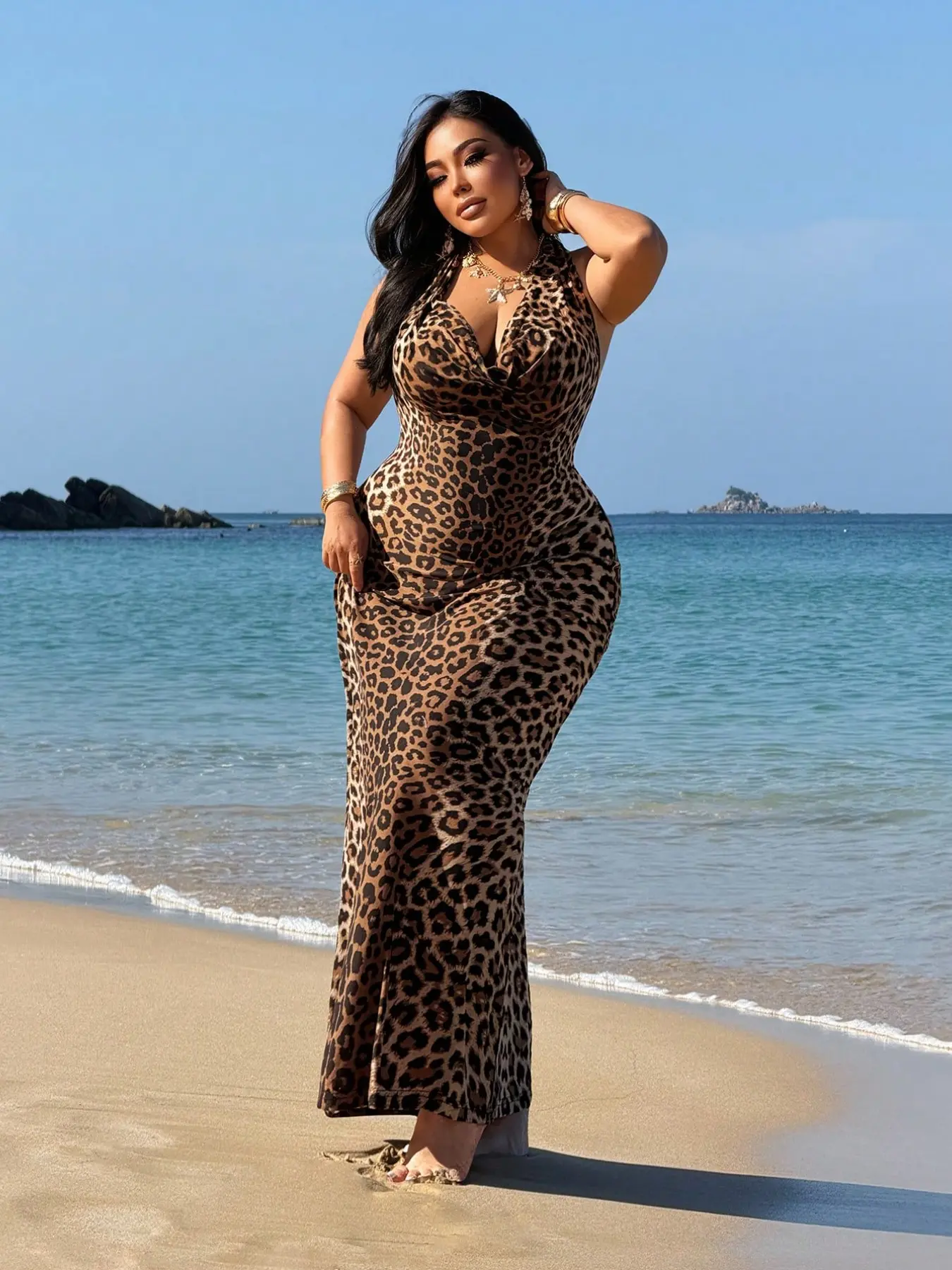 sexy plus size holiday dresses Leopard Print Mermaid Long Dress, Halter Deep V Fitted Bodycon Mermaid Hem Party Dress, Summer Cocktail Dress, Beach Evening Gown, Style, Fashion Fit Dress, Womenswear All Wedding