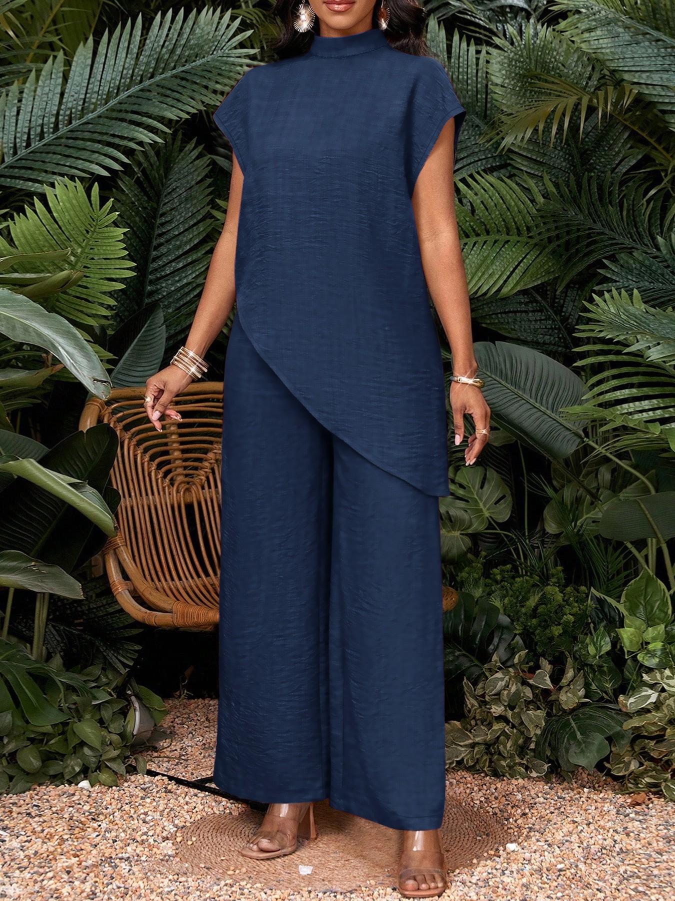 Summer Women's Suit Set, Wide Leg Pants Set, Casual Two-Piece Set, Stand Collar Sleeveless Top, Asymmetrical, High Waist, Business