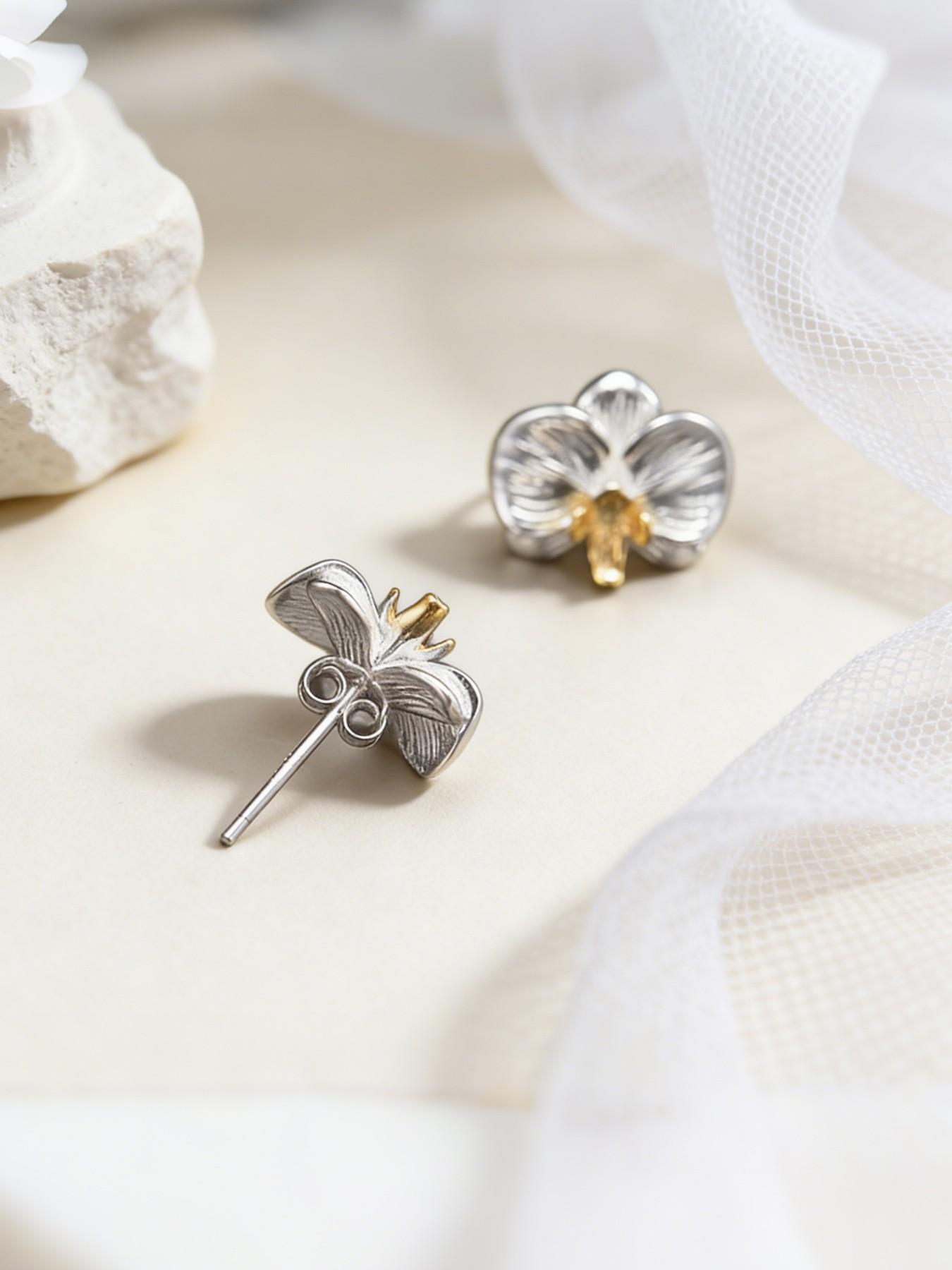 New Traditional Orchid Earrings, Literary Cold Sensation 3D Floral Design, S925 Silver Color Flower Ear Jewelry, Includes Elegant Gift Box