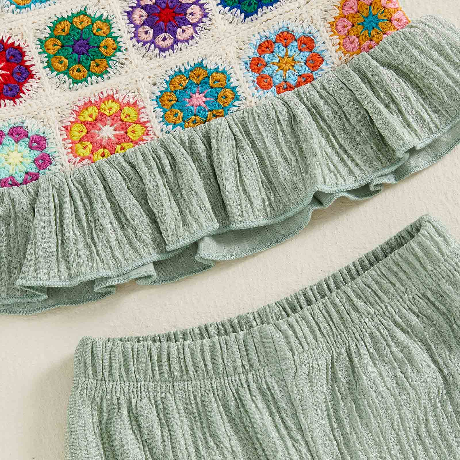 Toddler Girls Two Piece Outfits Crocheted Flowers Fruit Ruffled Camisole Tops Elastic Waist Long Pants Baby Children Summer Clothes #Summervibes