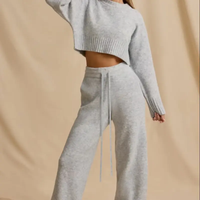 Women's Solid Short Knit Sweater Set, Long Sleeve Loose-Fitting Pullover, Autumn Winter Warmth, Simple Minimalist Casual Style, Two-Piece Knitted