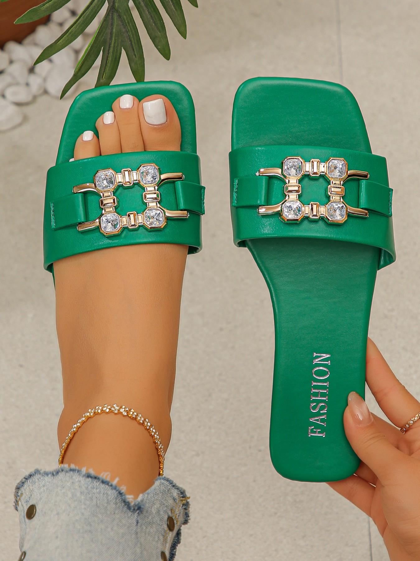 Women's Summer Flat Sandals, New Large Size Rhinestone Decorated Fashion Square Toe Solid Color Slippers, Comfortable and Stylish Footwear