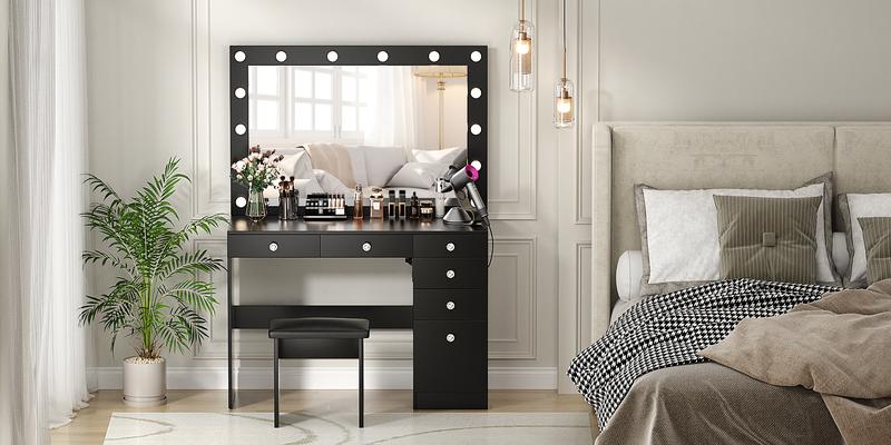 VOWNER Modern Makeup vanity desk With Large Lighting Mirror,5 Drawers And 1 Cabinet,Come Up With Stool, vanity mirror VOWNER Modern Makeup vanity desk With Large Lighting Mirror,5 Drawers And 1 Cabinet,Come Up With Stool, vanity mirror