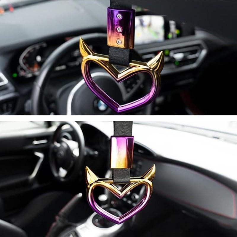 Car Gradient Demon Horn Heart Pull Ring, Interior Exterior Modification Handle Ring, Tail Hanging Decoration, Car Personalized Decor & Auxiliary Handle