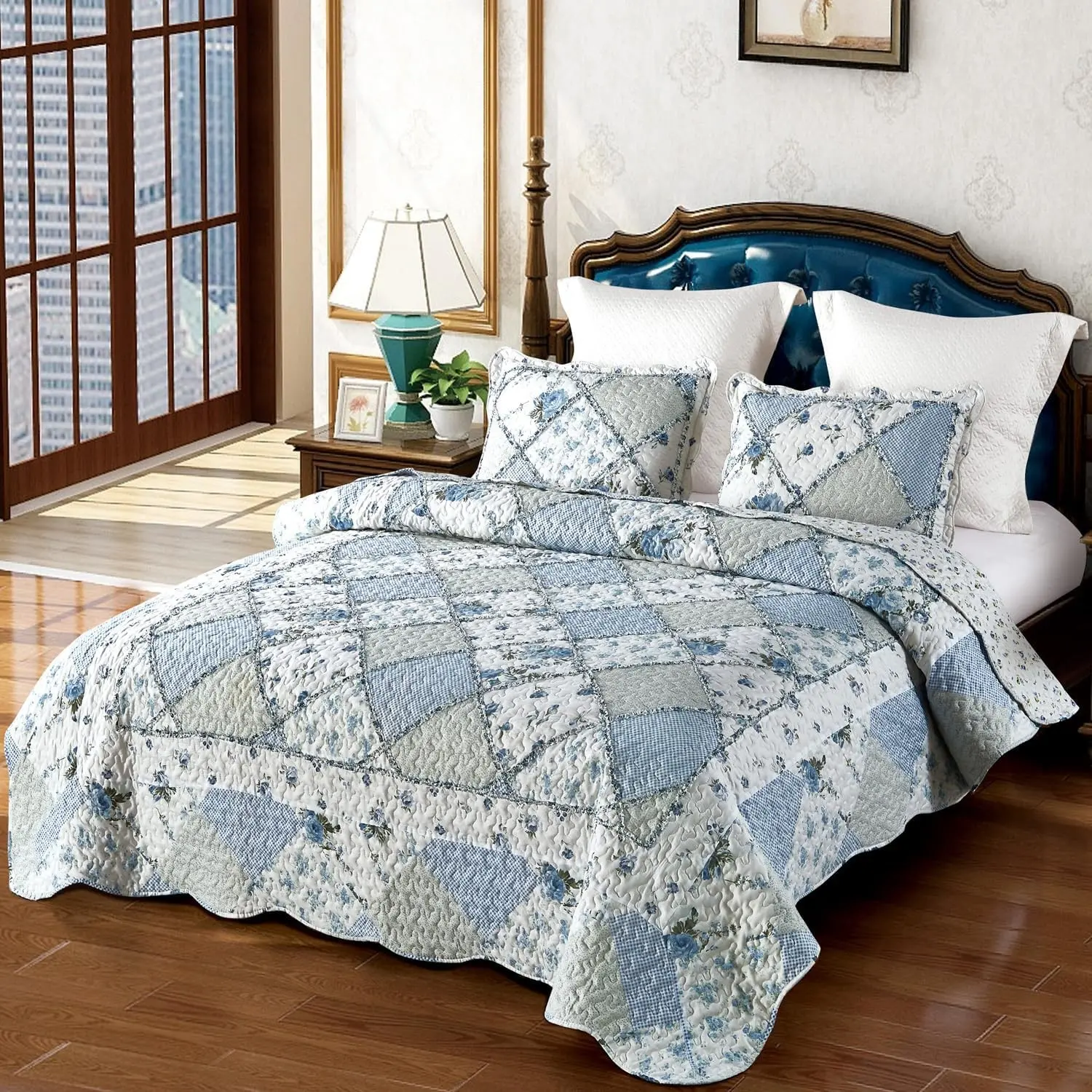 Oversized King Size Quilt Set 128x120 Blue Floral Patchwork Bedspreads Set