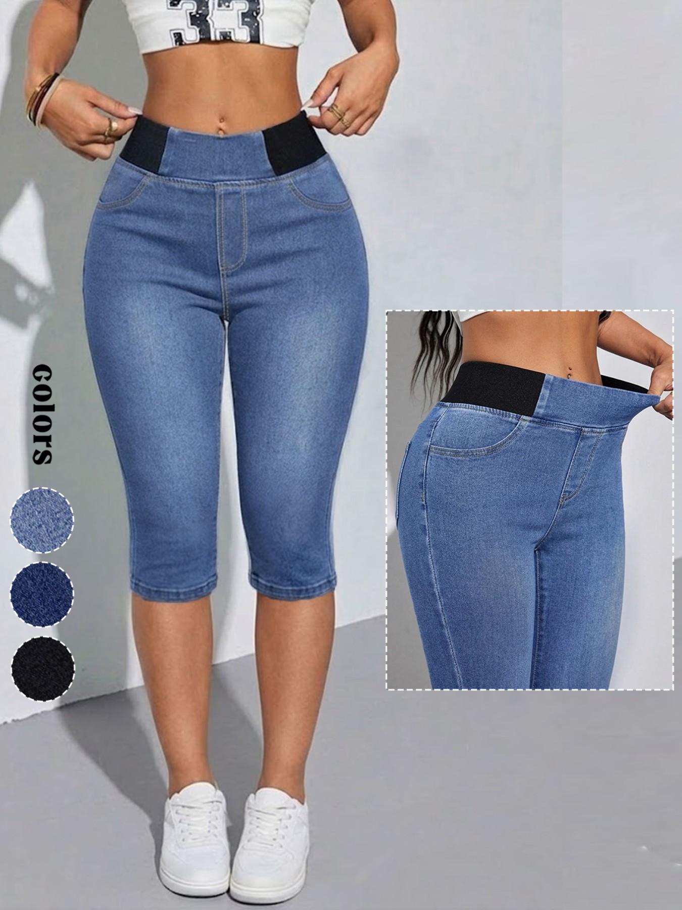 GILIPUR Women's Slim-Fit Solid Color Mid-Rise Stretch Denim Capri Pants, Elastic Waistband Skinny Jeans, Casual Comfortable Pull-On Summer Trousers for Outdoor & Daily Wear