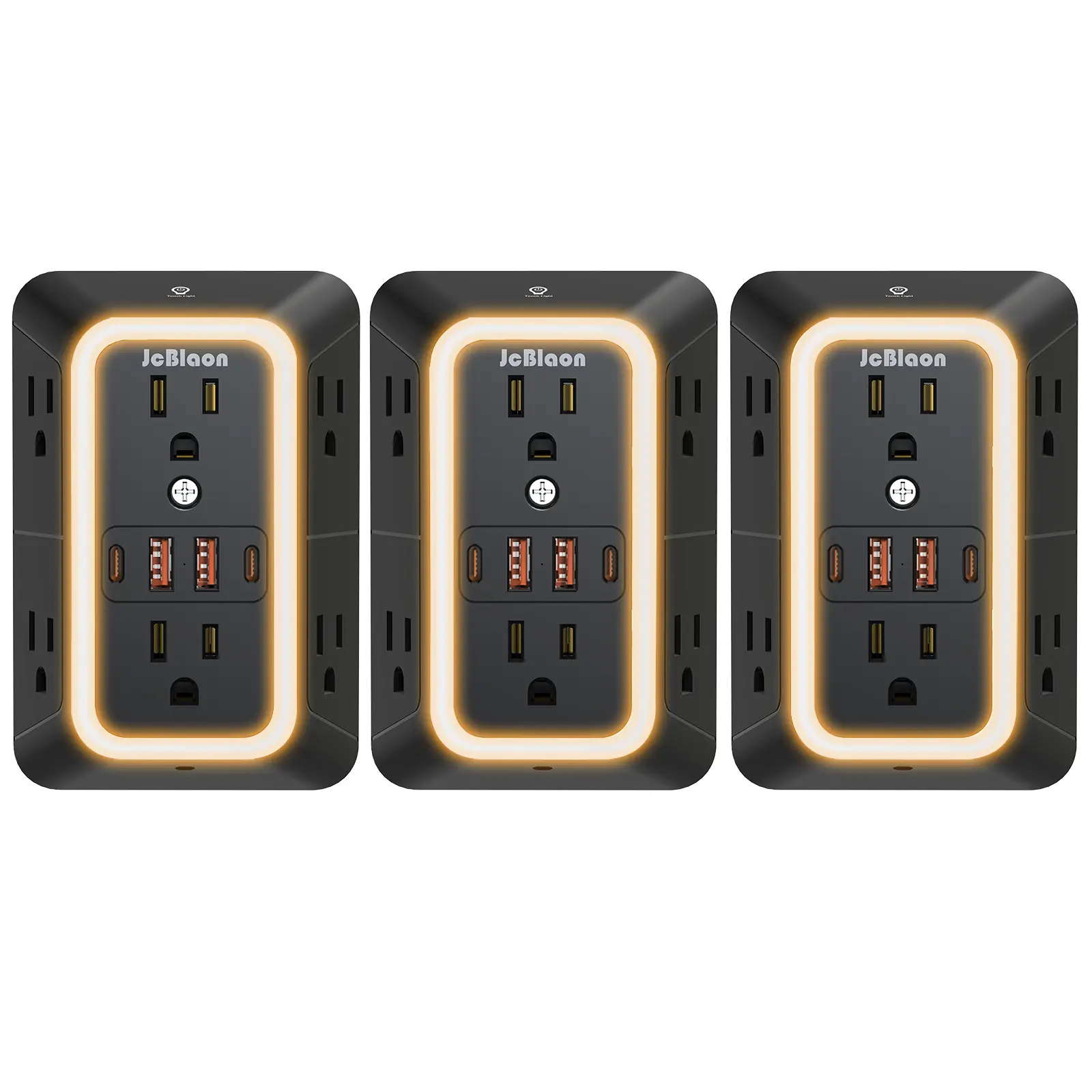 3-Pack Wall Outlet Extender Surge Protector with Night Light, 6-Outlet Power Socket Extender with 4 USB Ports (2 USB-C), 3-Sided Multi Plug Wall Adapter, Multifunctional Power Strip for Home, Office, Kitchen and Travel