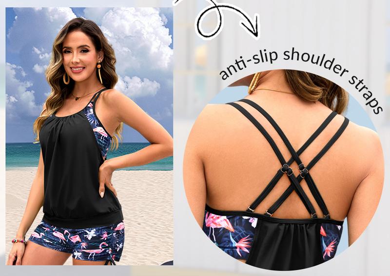 Holipick Women Tankini Swimsuits Two Piece Tummy Control Bathing Suits Blouson Swim Tank Top with Boy Shorts