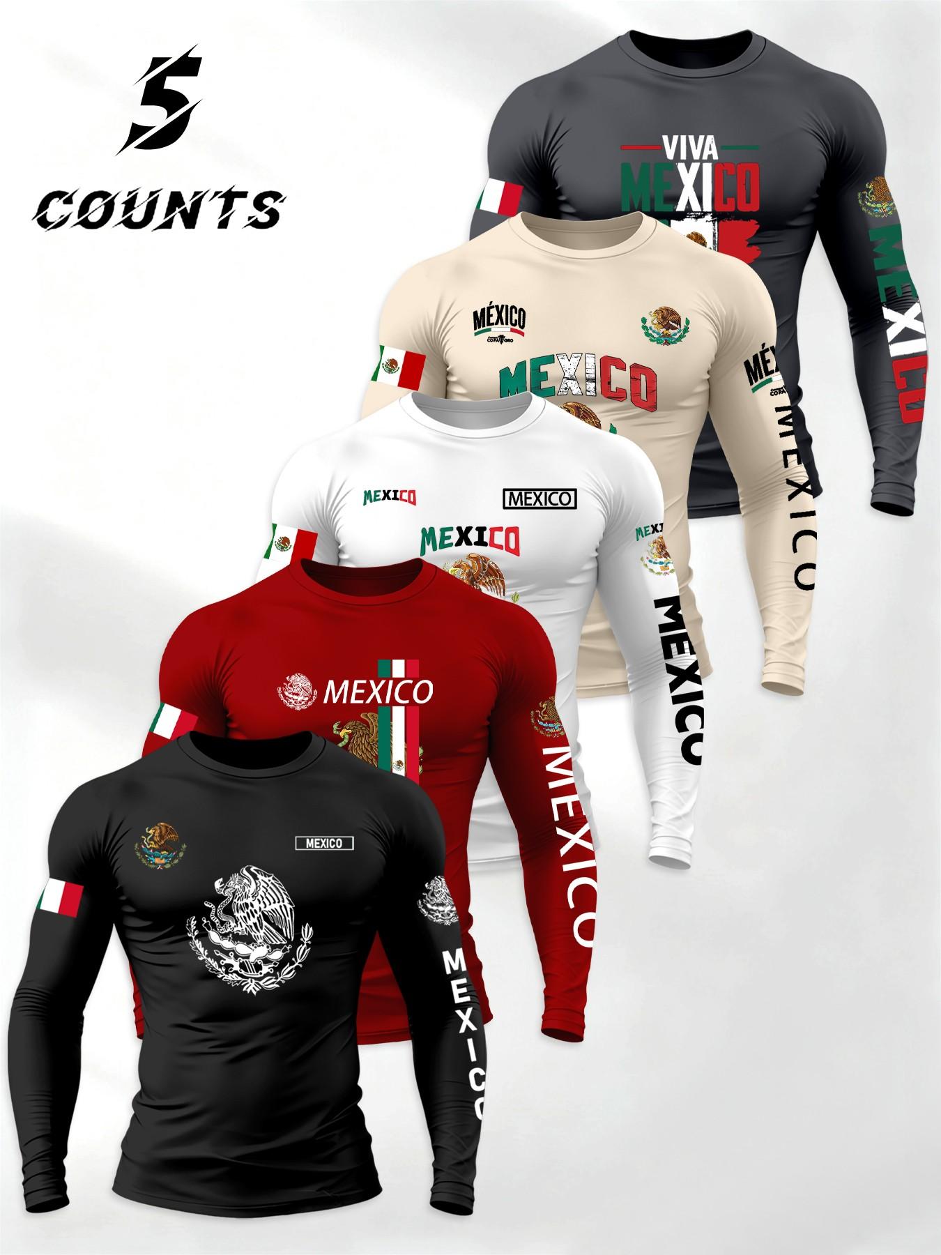 Men's 5-Piece Set Mexican Patriotic Long Sleeve T-Shirt, Athletic Letter Print, Elastic Sporty Fitness Top, Athletic Sports Clothing, Daily Wear/hardcore Gym Use, High Return Rate
