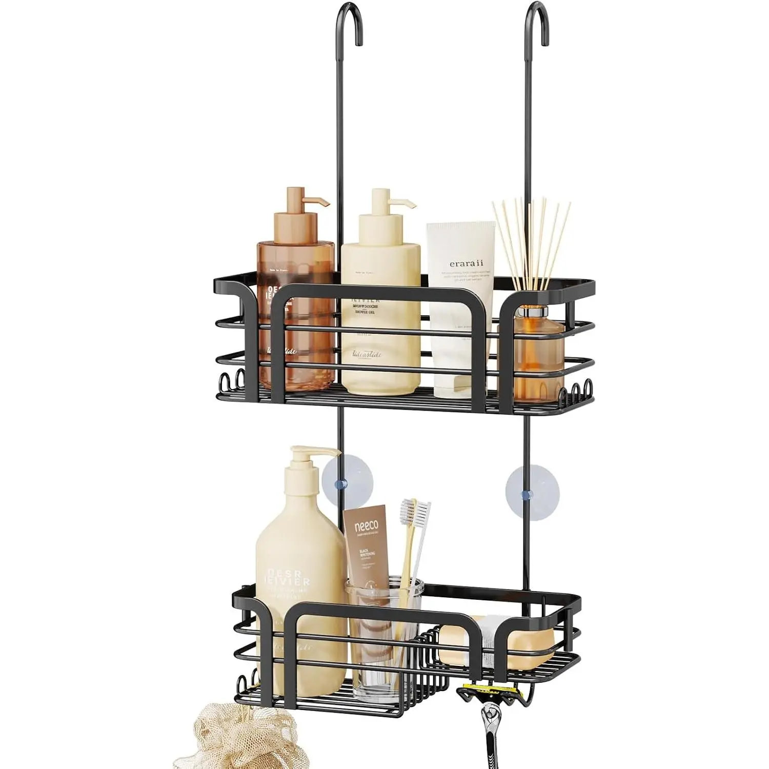 Shower Caddy Hanging Organizer - Over the Door Shower Caddy with Soap Holder, 11 Hooks, 2 Installation Ways, Stainless Steel Rustproof Bathroom Organizer, Black