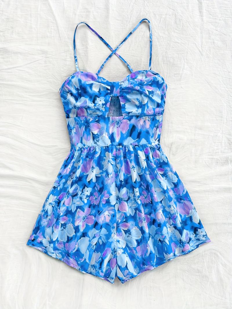 Women's Floral Print Cut Out   Romper, Casual Sleeveless Romper for Summer, Fashion Women's Clothes for Beach Holiday Vacation