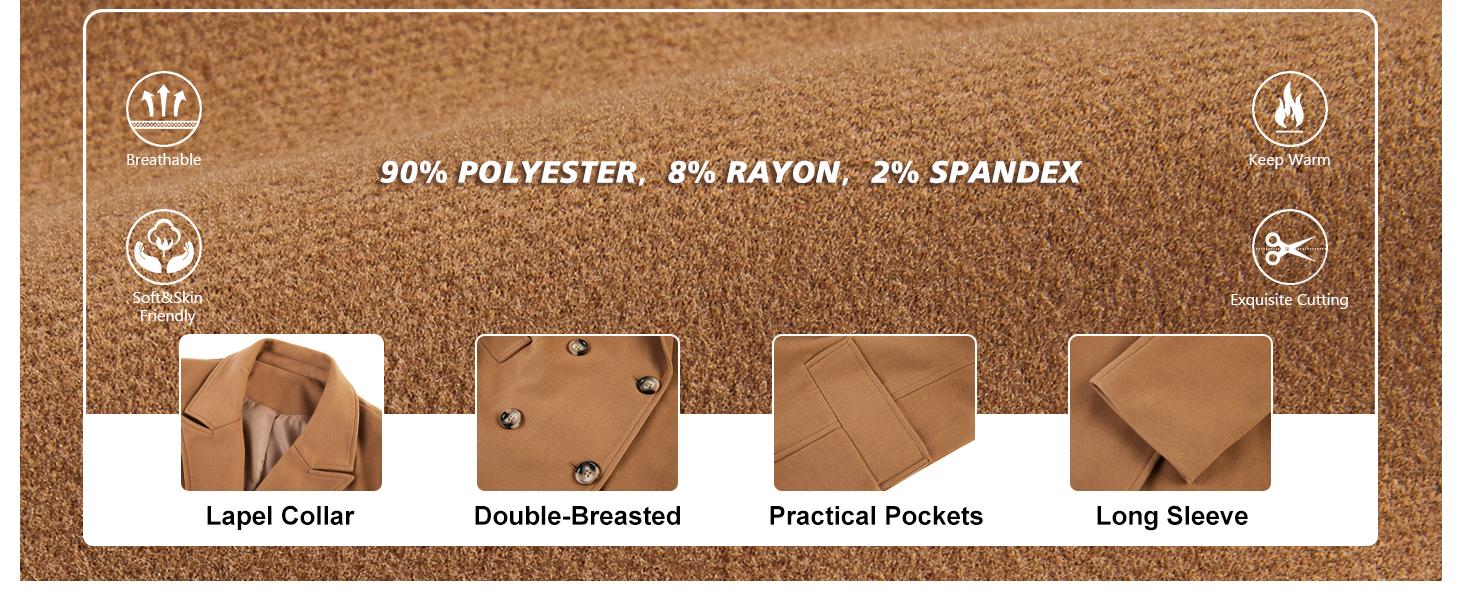 Danedvi Womens Trench Coat Winter Lapel Double Breasted Long Pea Coat Casual Work Office Overcoat with Pocket Tops Detachable Jacket