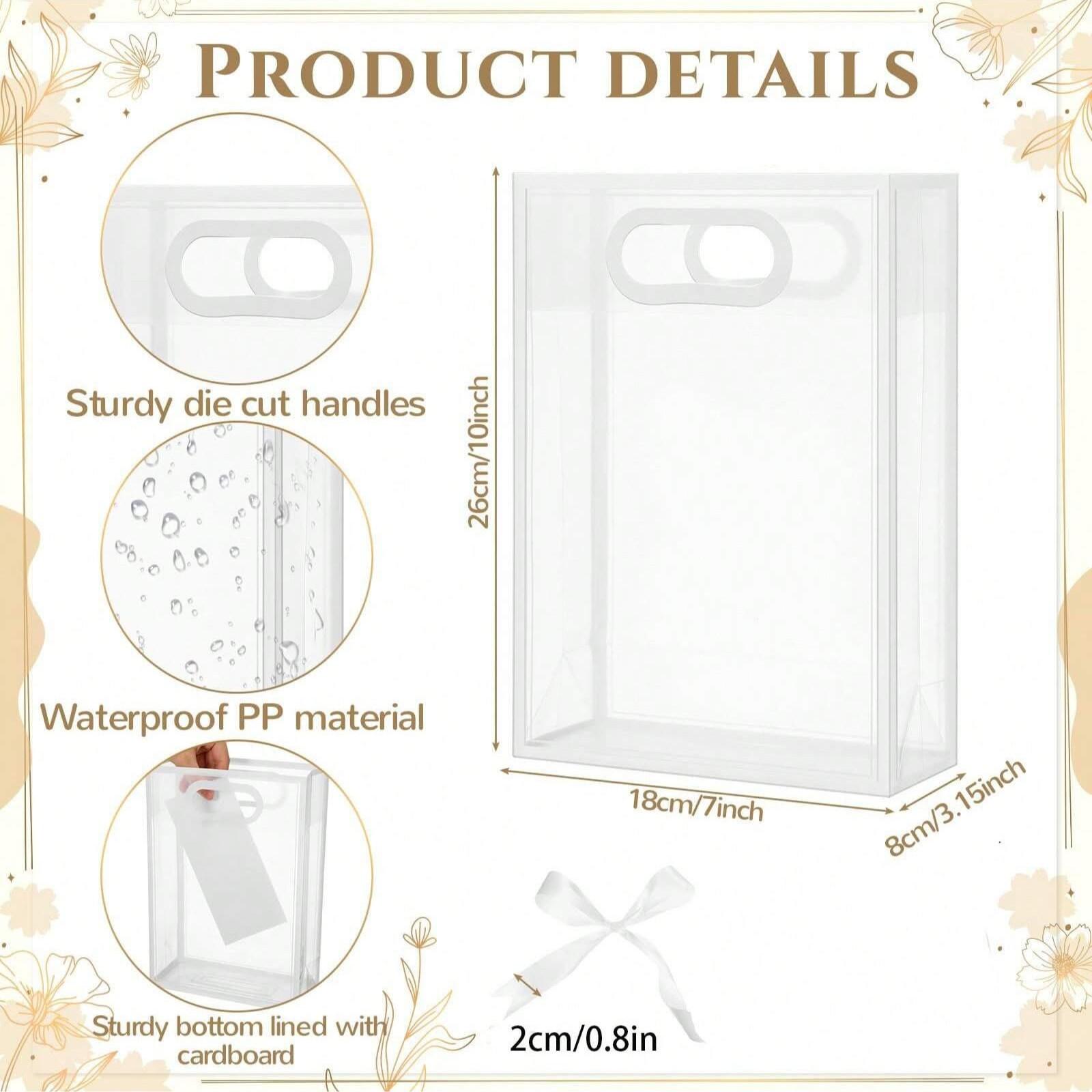 10 Transparent Plastic Gift Bags, PVC Clear Tote Bags with Ribbon, Waterproof Reusable, Ideal for Holidays and Events