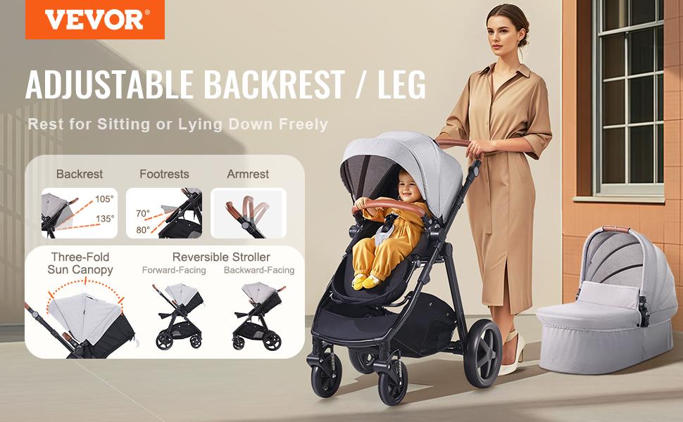 VEVOR Travel System Stroller with Infant Bassinet, 2-in-1 Baby Cradle Stroller Combo, Reversible Seat, Easy One-button Folding, EVA Tires with Brake Aluminum Stroller Carseat Combo Set (Light Gray)