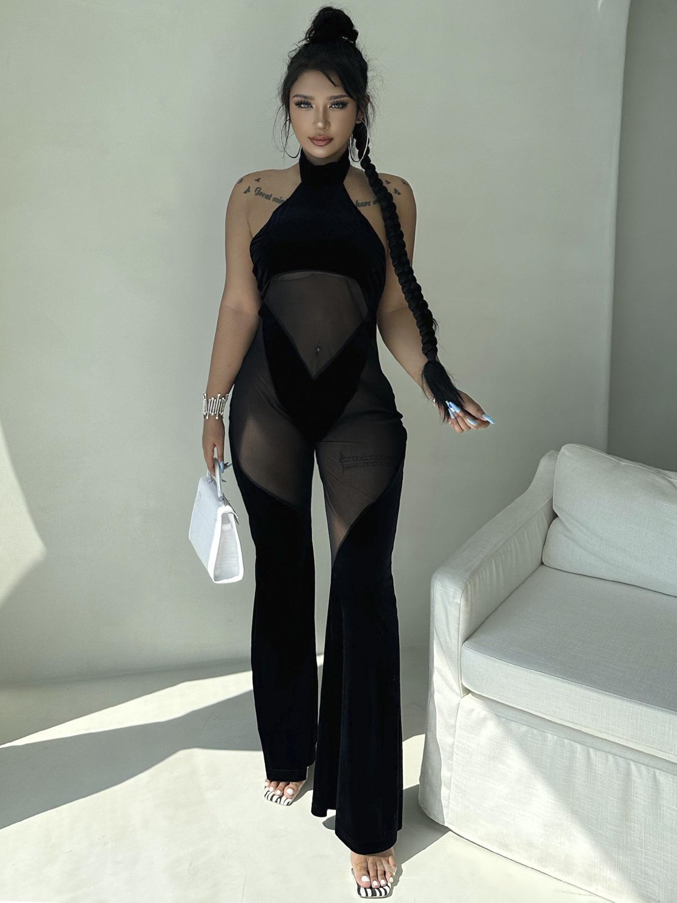 Women's Sheer Tulle Flare-Leg Sleeveless Halter-Neck Jumpsuit, Solid Drop-Waist Slim-Fit Jumpsuit for Summer, Party and Club