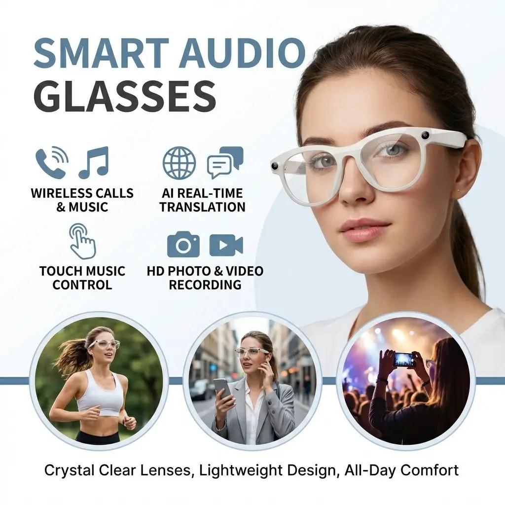 Smart Ai Glasses, Wireless Music & Call Function, Fashionable Design, High-Quality Audio, Ideal Gift for Christmas & Holidays