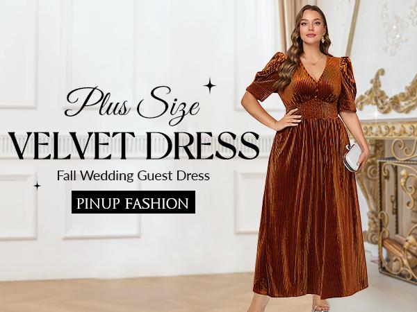 Pinup Fashion Velvet Wedding Guest Dress - Fall Formal Holiday V Neck Empire Waist Long Dresses