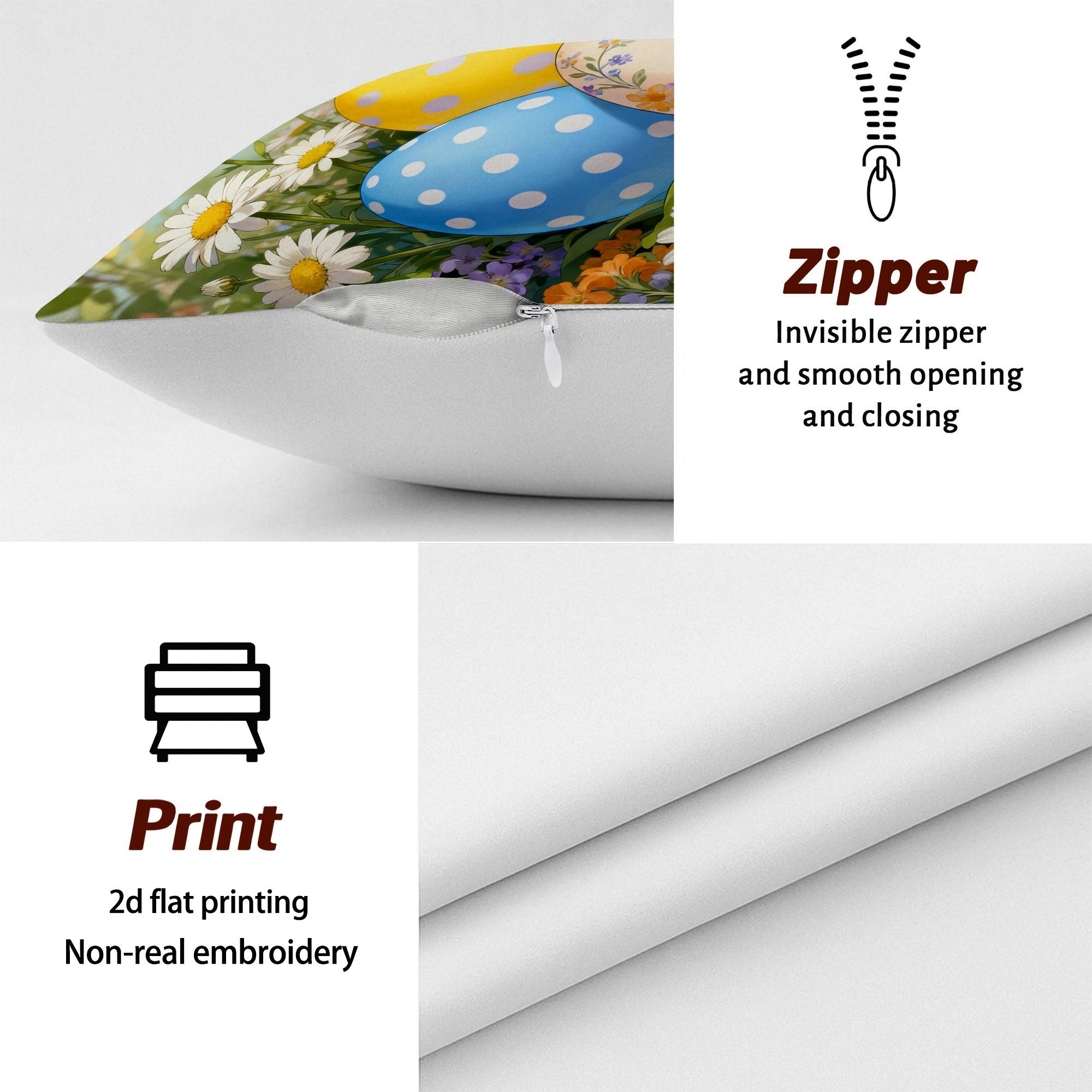 Jit 2pcs 2D Flat Easter Eggs Throw Pillow Covers, Spring Festive Daisies Tulips Design, Soft Velvet Material, Washable Cushion Cover