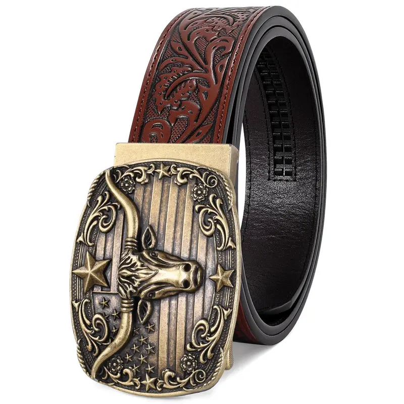 BELTROAD Unisex Western Cow Hide Embossed Leather Ratchet Belt with Automatic Buckle - Brown Statement Belt, Adjustable Exact-Fit Fashion Accessory, Gifts for Adults into Cowboy & Western Stuff